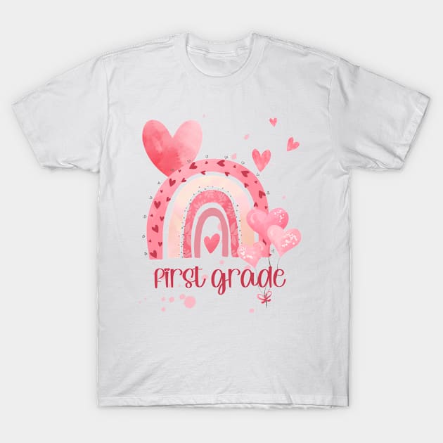 First Grade Teacher Valentine's Day Watercolor Rainbow T-Shirt by vintageinspired